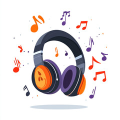 Obraz premium Headphones icon with music notes around it, Simple flat illustration with purple and orange color scheme. 