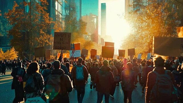 A vibrant crowd moves down a city street, carrying various placards as sunlight filters through the buildings. The atmosphere is charged with passion and purpose as voices unite in a call for change.