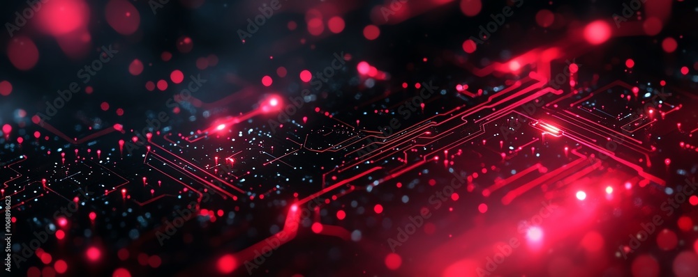 Poster a futuristic red circuit board pattern with black background and red light effect circuit lines, sho