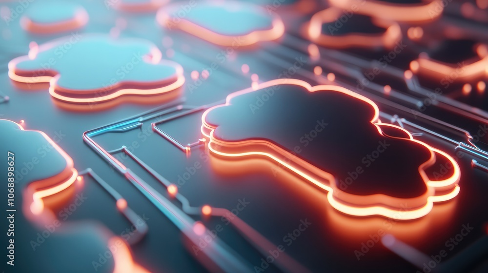 Poster a futuristic digital design featuring glowing cloud shapes on a patterned surface, emphasizing techn