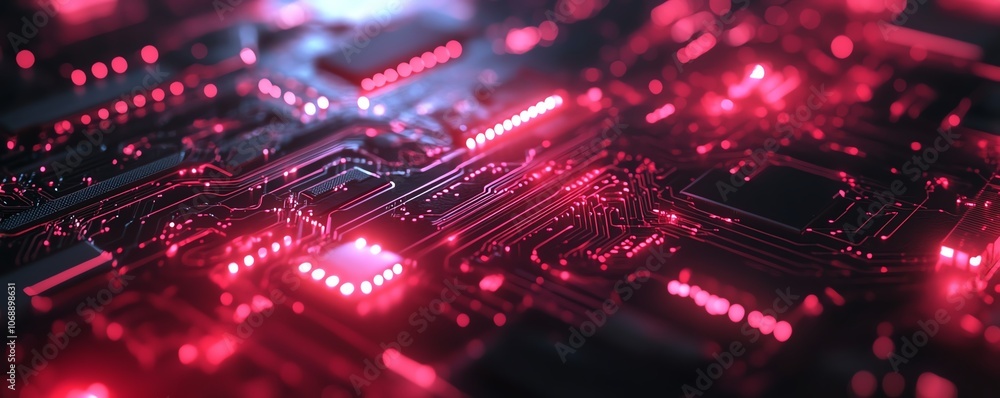 Poster a futuristic red circuit board pattern with black background and red light effect circuit lines, sho