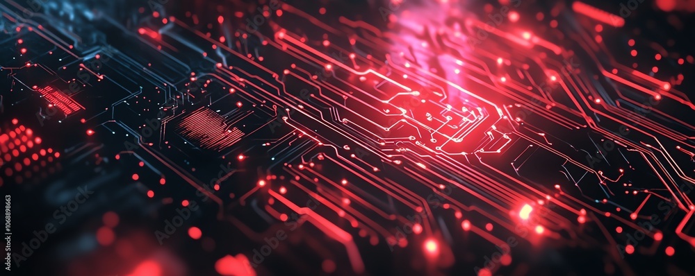 Poster a futuristic red circuit board pattern with black background and red light effect circuit lines, sho