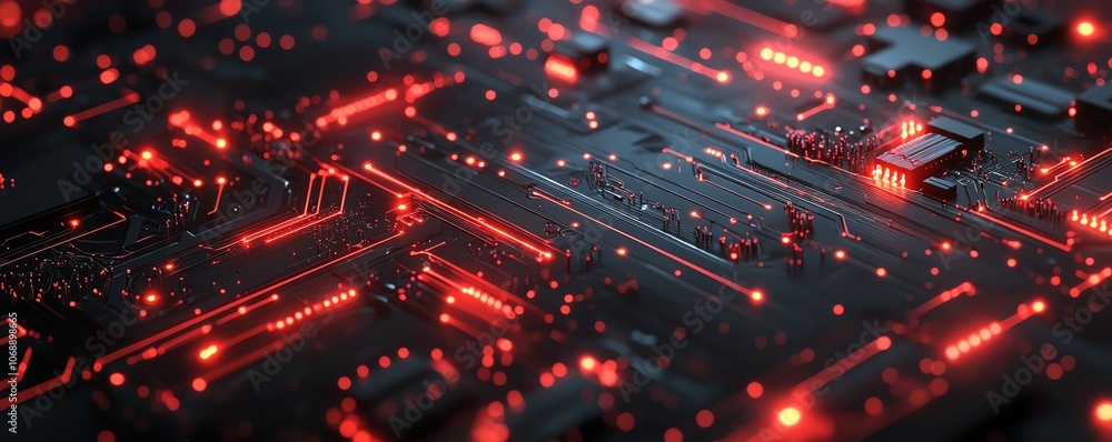 Poster a hightech red circuit board pattern on a black background, with glowing red circuit lines and light