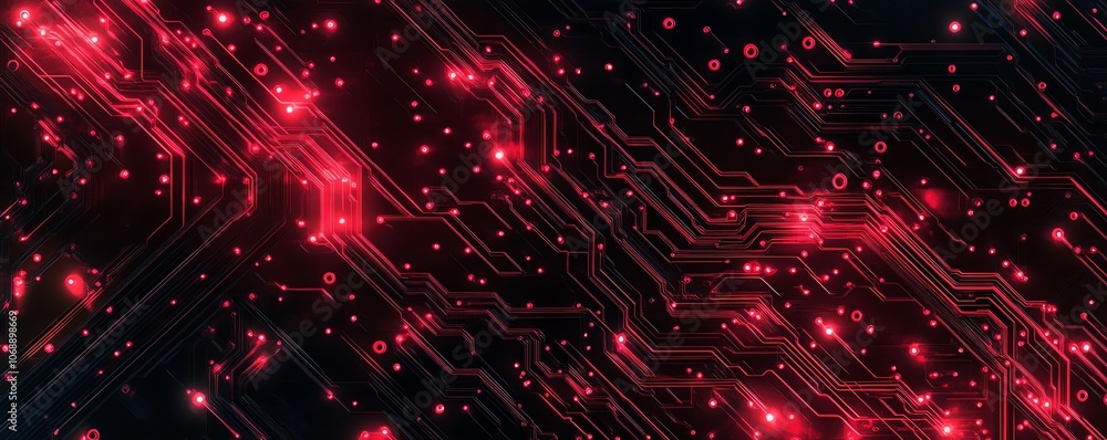 Poster a futuristic red circuit board pattern with black background and red light effect circuit lines, sho