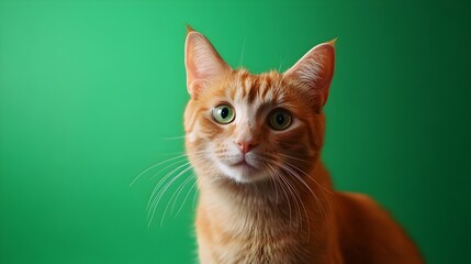 Portrait of a cat on a green background in the studio. Cat with green screen, chroma screen background image. Cat Studio photo, image . Concept for animal, zoology and capture for adverb. and banner