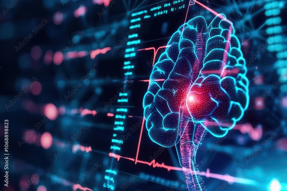 Poster a vibrant, digital representation of a brain with glowing patterns, symbolizing neural activity and 
