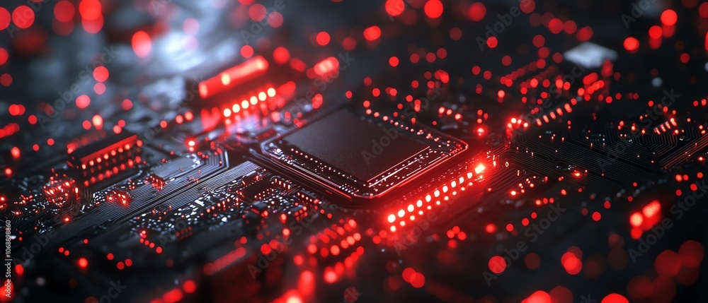 Poster abstract closeup view of a red circuit board on a black background, featuring glowing red light effe