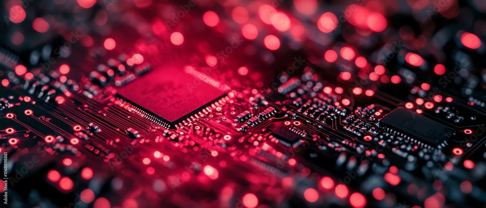 Poster abstract closeup view of a red circuit board on a black background, featuring glowing red light effe