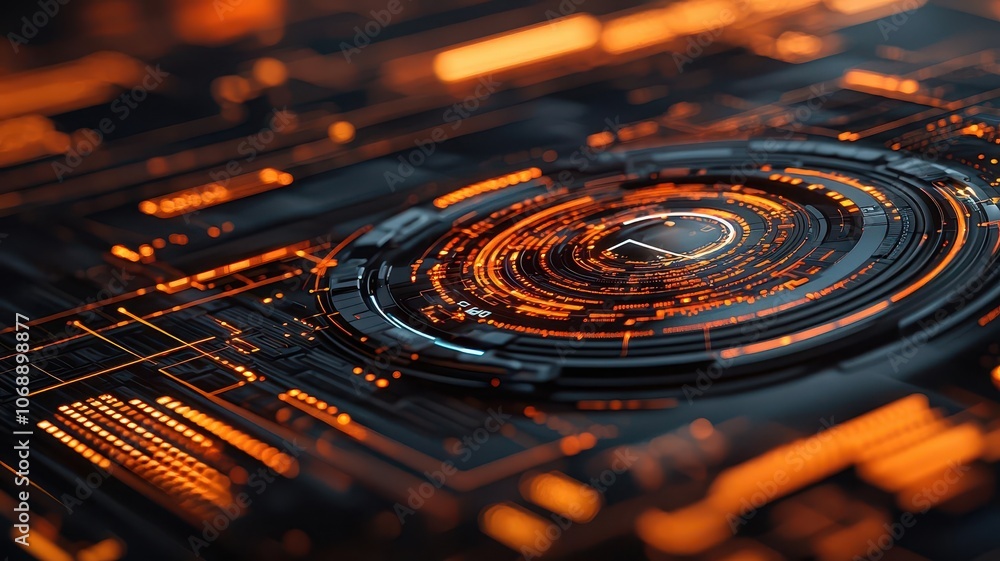 Poster a close-up of a futuristic digital circuit, featuring glowing orange patterns and intricate designs 