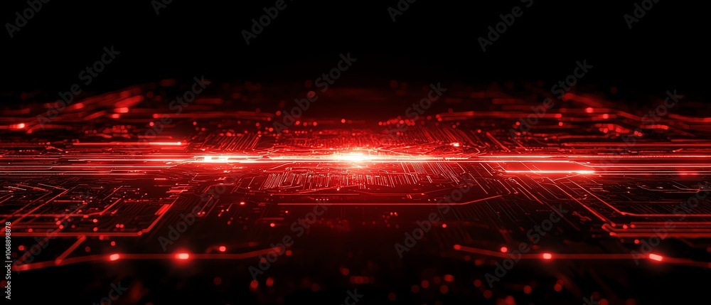 Poster abstract closeup view of a red circuit board on a black background, featuring glowing red light effe