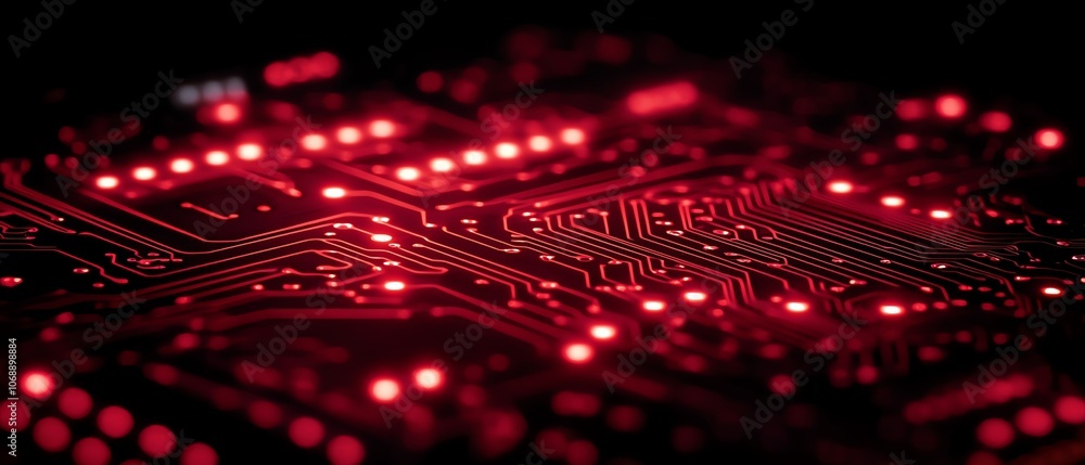 Poster abstract closeup view of a red circuit board on a black background, featuring glowing red light effe
