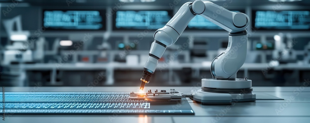 Poster a robotic arm performing precision work on a circuit board in a modern manufacturing environment.