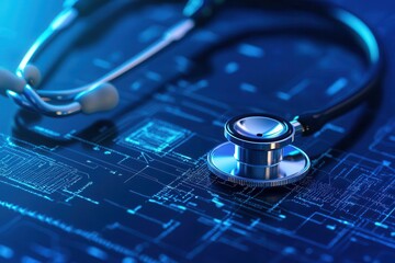 A stethoscope rests on a digital blueprint, symbolizing the intersection of healthcare and technology in modern medicine.
