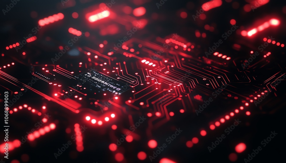 Poster black background featuring a red circuit board with glowing red circuit lines, embodying an electron