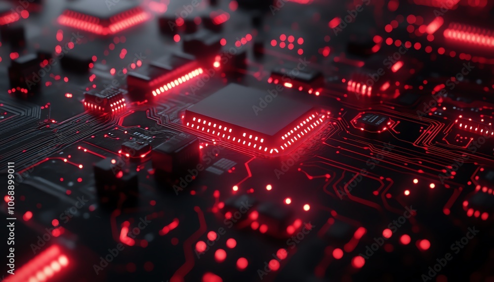 Poster black background featuring a red circuit board with glowing red circuit lines, embodying an electron