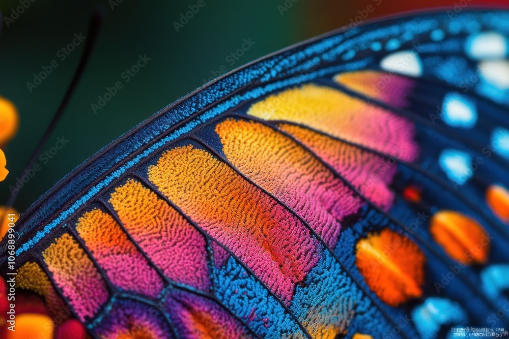 Poster a close-up of a butterfly wing with vibrant colors and intricate patterns.