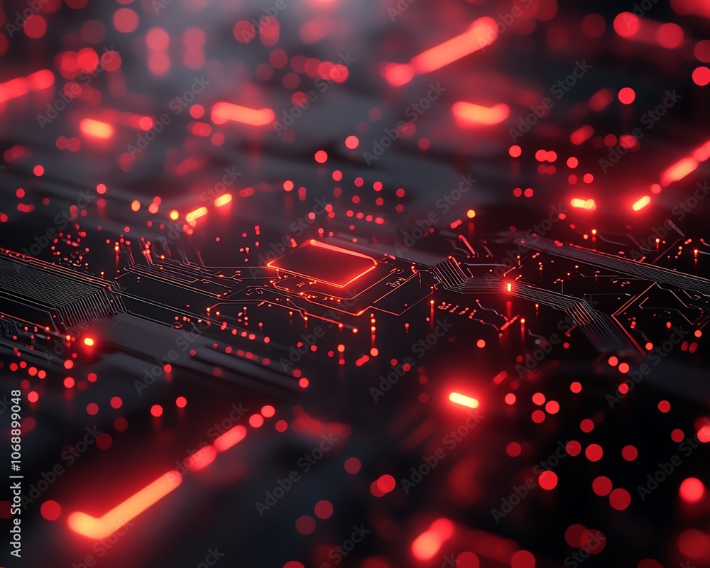Poster closeup of a red circuit board pattern on a black background, with glowing red light effects, creati