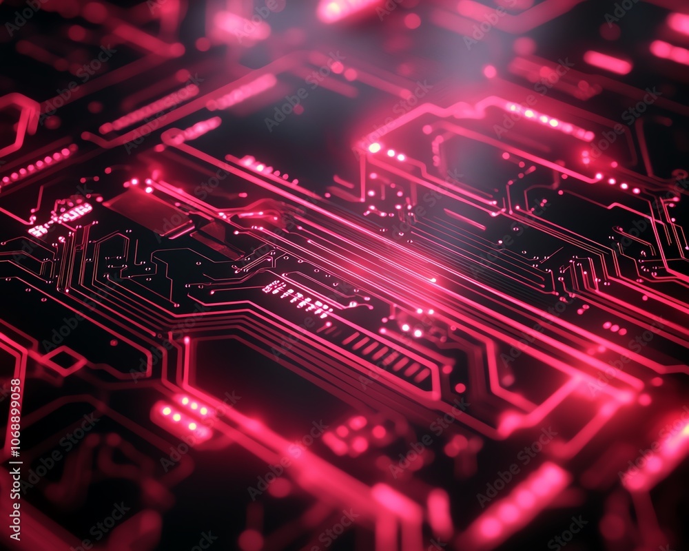 Poster closeup of a red circuit board pattern on a black background, with glowing red light effects, creati
