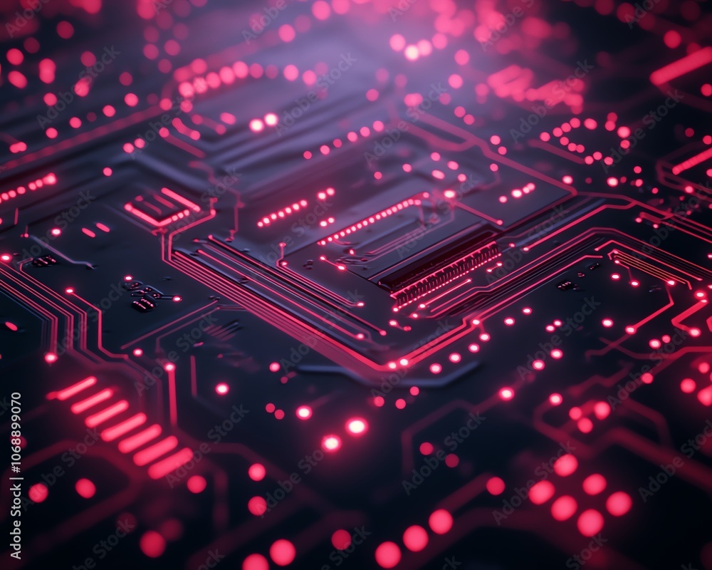 Poster closeup of a red circuit board pattern on a black background, with glowing red light effects, creati