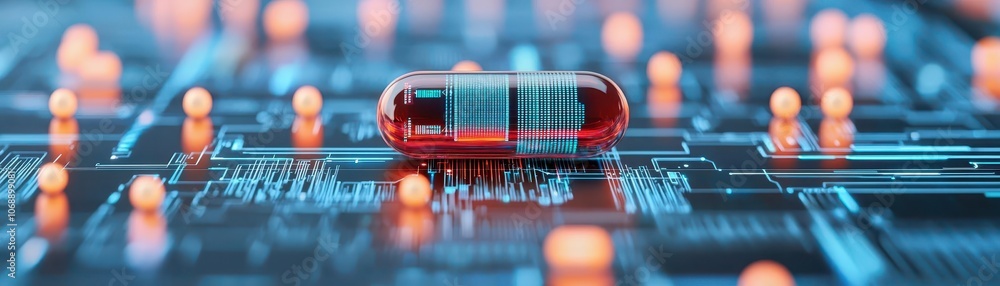 Poster a digital capsule rests on a circuit board, symbolizing the intersection of technology and healthcar