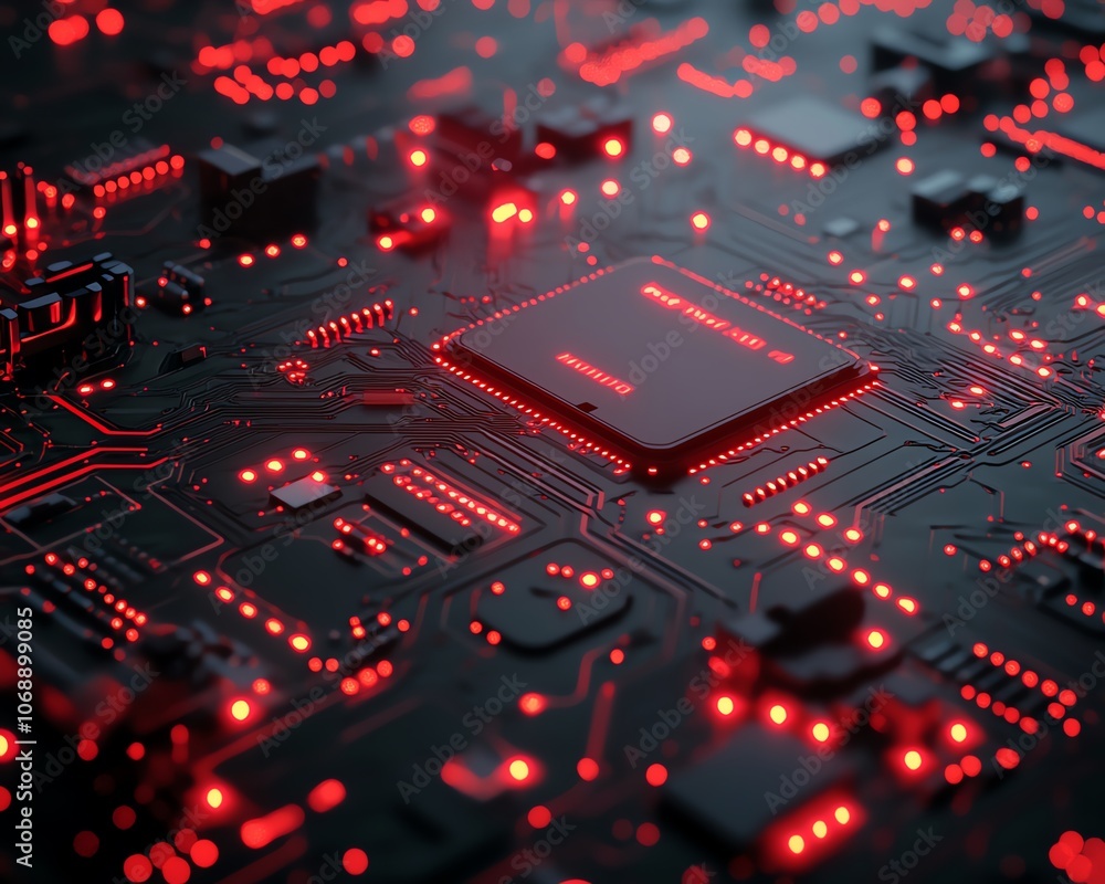 Poster closeup of a red circuit board pattern on a black background, with glowing red light effects, creati
