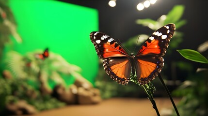 Fototapeta premium Portrait of a butterfly on a green background in studio. Butterfly with green screen, chroma screen background image. Butterfly Studio photo, image. Concept for animal, zoology and for adverb. banner
