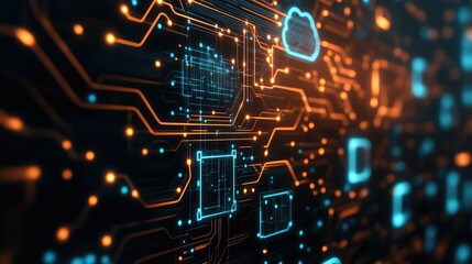 Obraz premium A vibrant, close-up view of a circuit board showcasing glowing blue and orange connections, representing technology and digital networks.