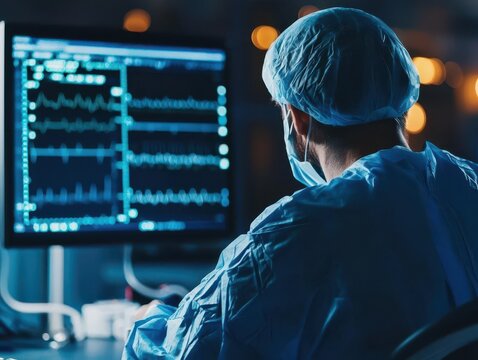 A healthcare professional monitors patient data on a screen, highlighting the importance of technology in medical settings.