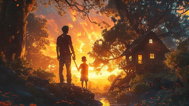 A father and his young son work together to build a treehouse in their backyard. The son eagerly holds a hammer, trying to mimic his dad, while the father offers guidance and encouragement