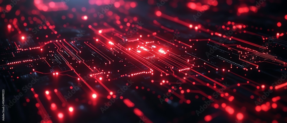 Poster red circuit board pattern illuminated by red light effect lines on a black background, showcasing an