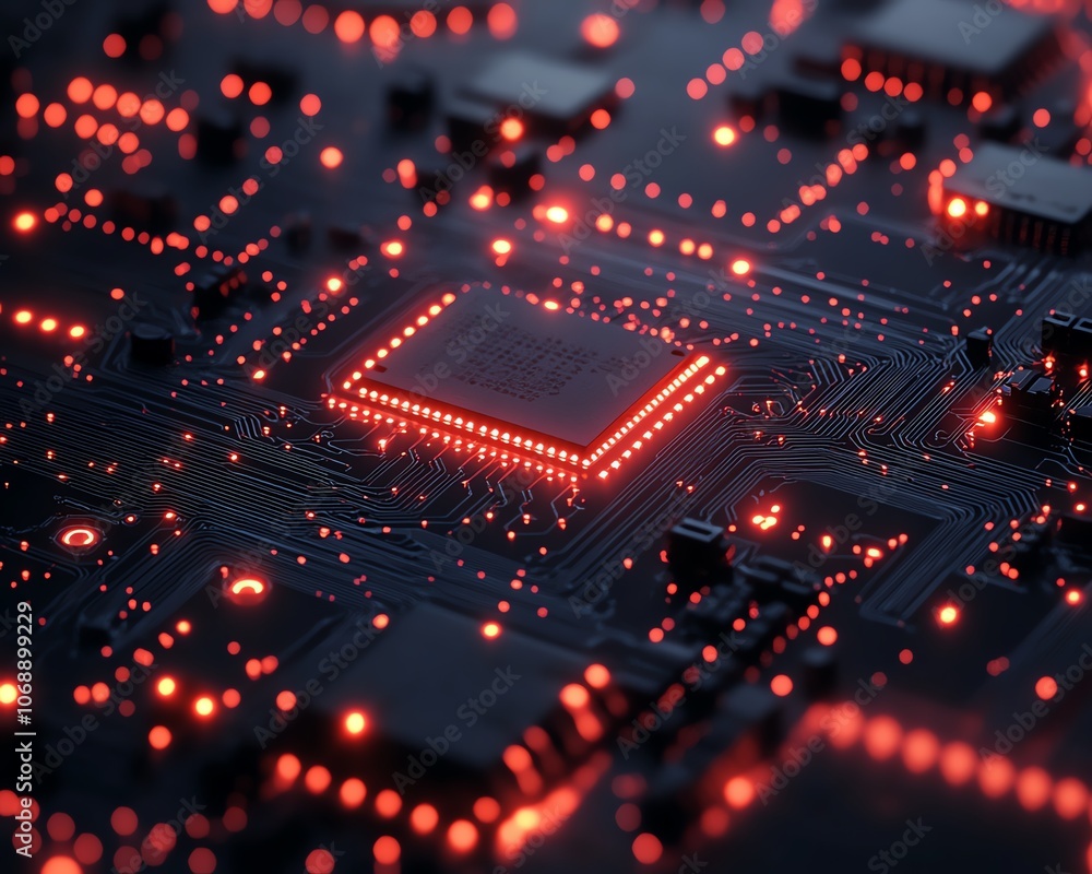 Poster red circuit board design on a dark background with glowing red circuit lines, representing a hightec
