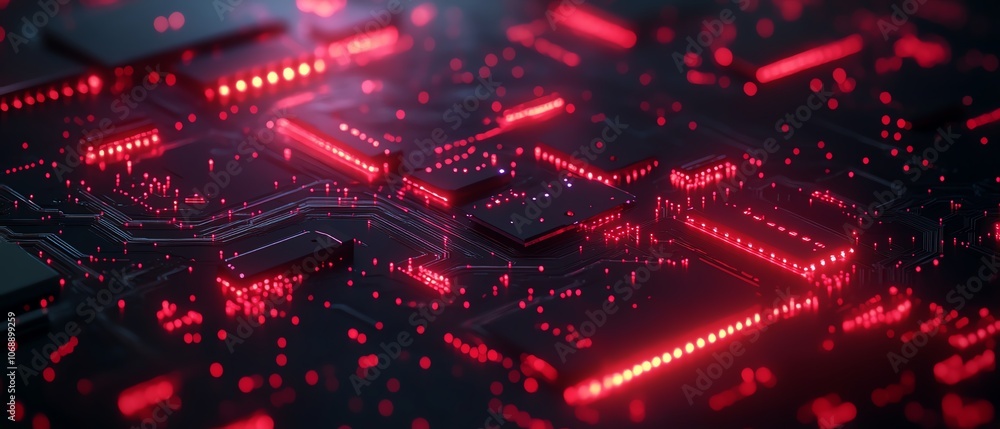 Poster red circuit board pattern illuminated by red light effect lines on a black background, showcasing an