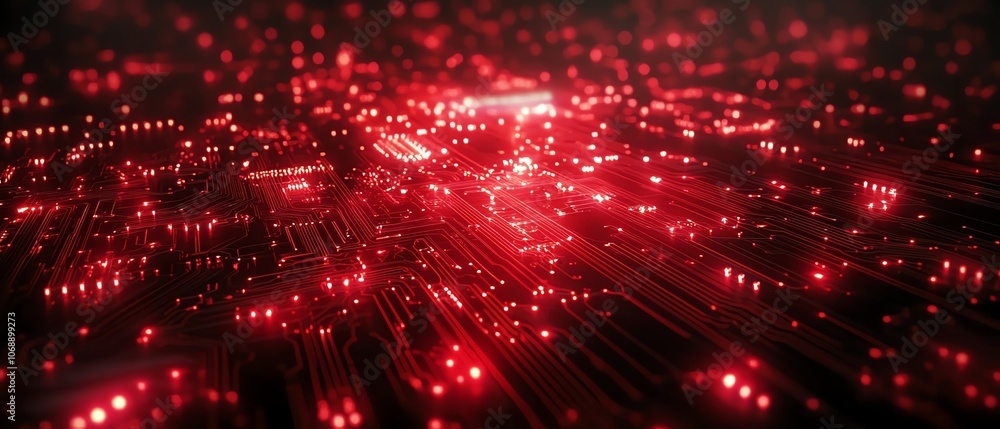 Poster red circuit board pattern illuminated by red light effect lines on a black background, showcasing an
