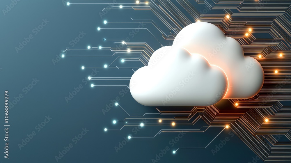 Poster a digital cloud icon connected with circuitry, symbolizing cloud computing and technology innovation