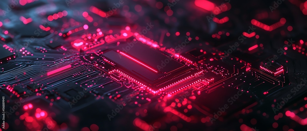Poster red circuit board pattern in closeup, black background with red light effects, showcasing abstract s