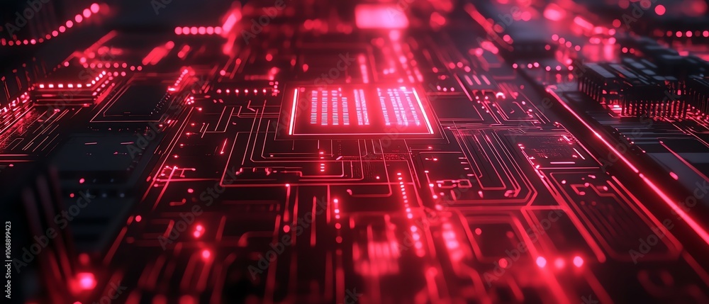 Poster red circuit board pattern on a black background, with glowing red light effect circuit lines, symbol