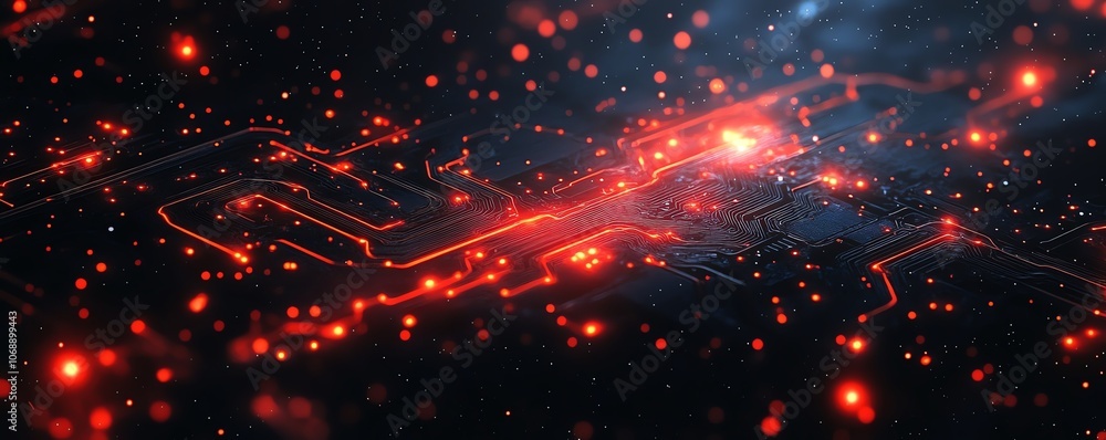 Poster red circuit board pattern on a black background, with glowing red light effect circuit lines, symbol