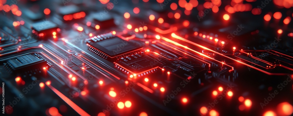 Poster red circuit board pattern on a black background, with glowing red light effect circuit lines, symbol