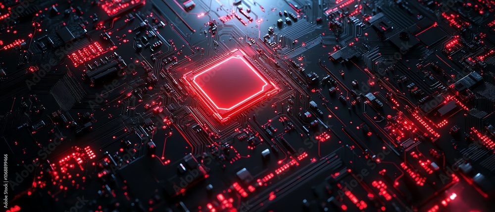 Poster red circuit board pattern on a black background, with glowing red light effect circuit lines, symbol