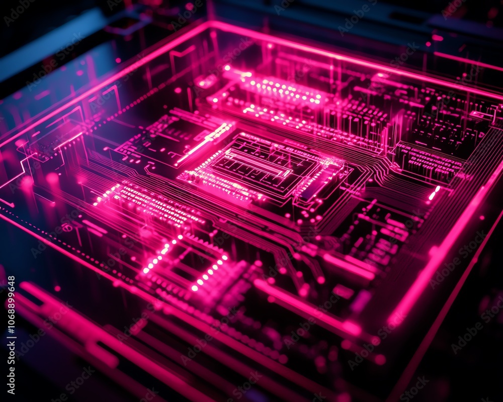 Poster a closeup of a red circuit board on a black background, with red light effects highlighting the abst