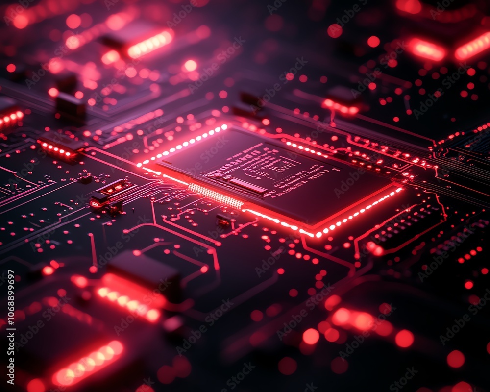 Poster a closeup of a red circuit board on a black background, with red light effects highlighting the abst