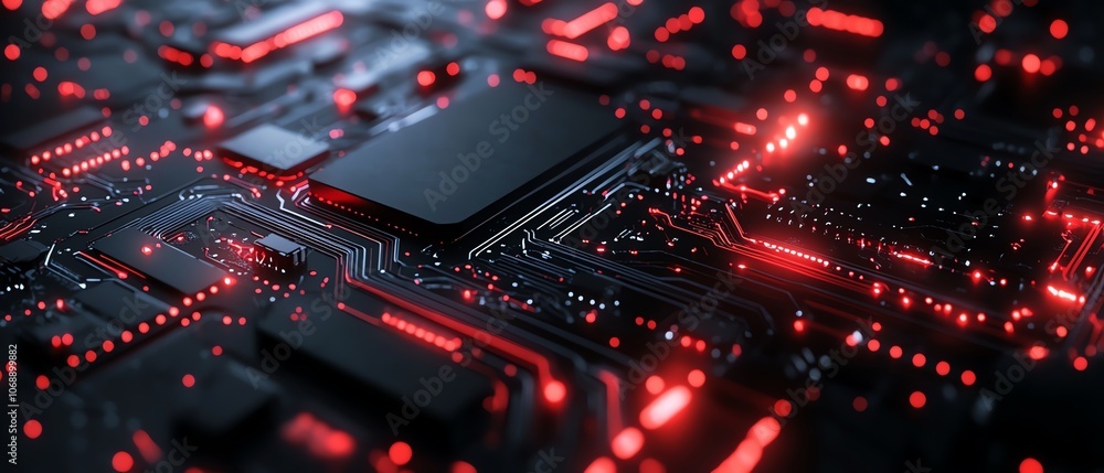Poster a complex red circuit board pattern on a black background, with red glowing circuit lines, evoking a