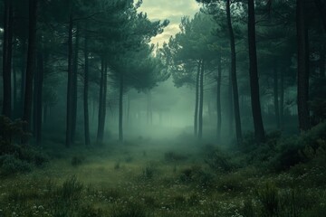 Fototapeta premium Misty Dense Pine Forest in Soft Morning Light