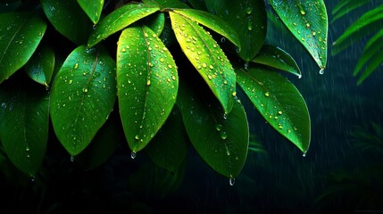 Obraz premium Lush Green Leaves Soaked in Rainfall