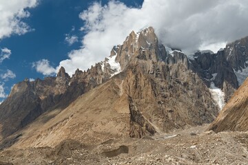 View from Baltoro Glacier to Trango Towers. Karakoram Mountains. Gilgit-Baltistan region. Pakistan. Asia.