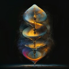 Abstract glowing hourglass with suspended golden fluid layers in dark ambient background.