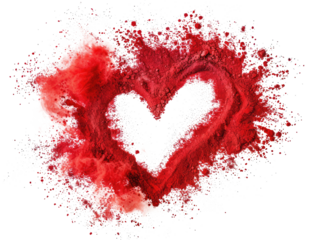 red color powder explosion in heart shape for love, romance and relationship isolated on white or transparent png