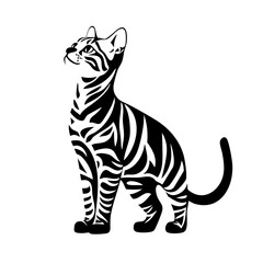 Bengal cat in striking black and white vector design, gracefully posed, showcasing distinctive coat markings and alert demeanor, perfect for feline art enthusiasts