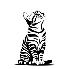 A Bengal cat depicted in a minimalist vector style, showcasing its distinctive striped pattern while gazing upwards, capturing the essence of elegance and curiosity