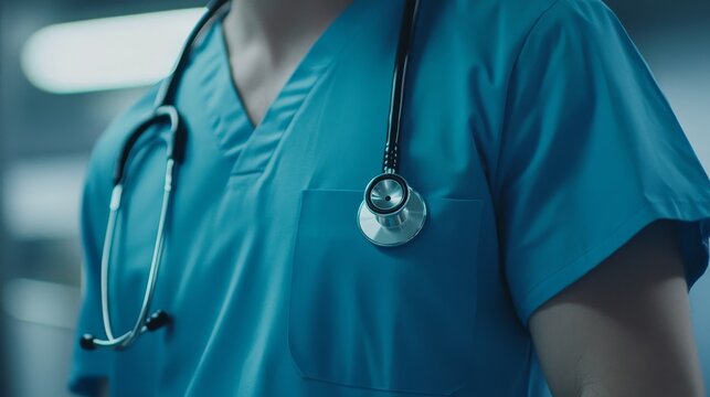 Close up of a doctor's stethoscope on a blue scrubs top - Powered by Adobe